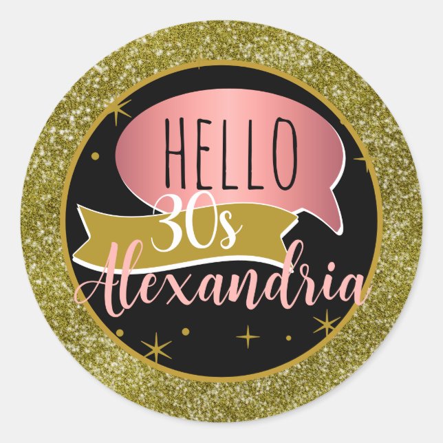 Adesivo Redondo Olá 30 Personalizado aniversário de 30 anos brilho (Frente)