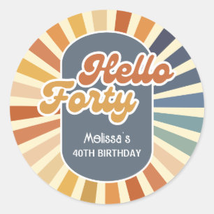 Adesivo Redondo Olá, 40 Retro Sun Groovy Wave Aniversário