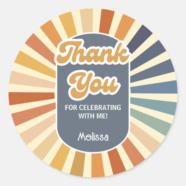 Adesivo Redondo Olá 40 Retro Sun Groovy Wave Obrigado (Frente)