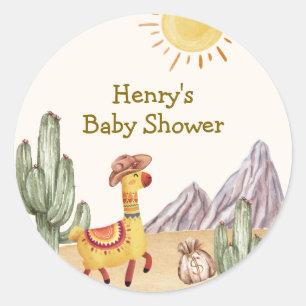 Adesivo Redondo Olá Baby Desert Cactus Llama Cowboy Chá de fraldas