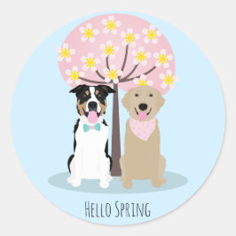 Adesivo Redondo Olá, Cães Primavera, por Cherry Blossom Tree