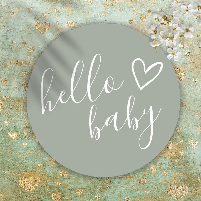 Adesivo Redondo Olá, Chá de Bebê Neutro Boho Verde Sage (Hello Baby Shower Gender Neutral Boho Sage Green Classic Round Sticker)