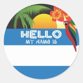 Adesivo Redondo Olá, Meu Nome É Tag tropical sunset luau tiki
