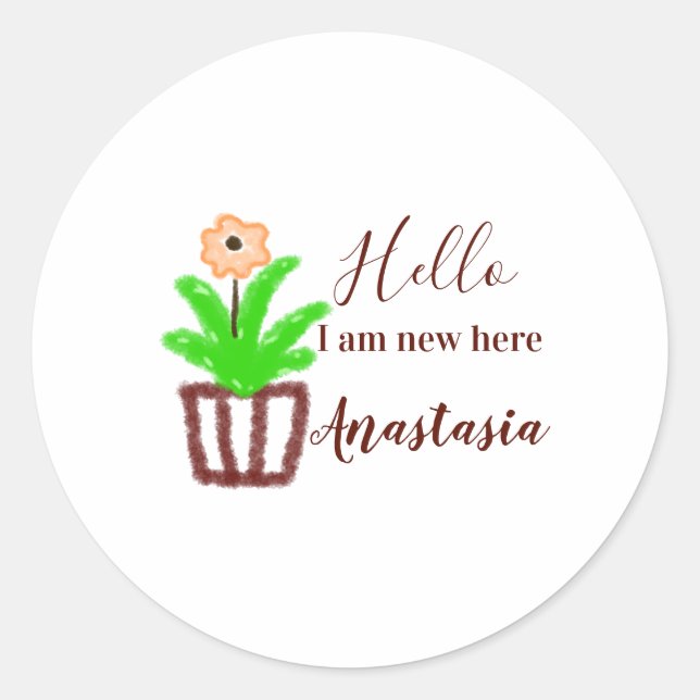 Adesivo Redondo Olá, sou novo aqui, chá de fraldas, crianças, folh (Frente)