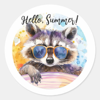 Adesivo Redondo Olá Summer Raccoon em óculos de sol Watercolor