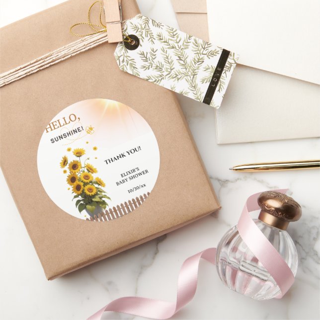 Adesivo Redondo Olá Sunshine Sunflower Garden Chá de fraldas (Presentear)