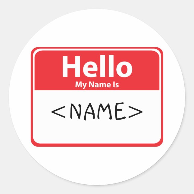 Adesivo Redondo Olá Vermelho Meu Nome é , <NAME> (Frente)