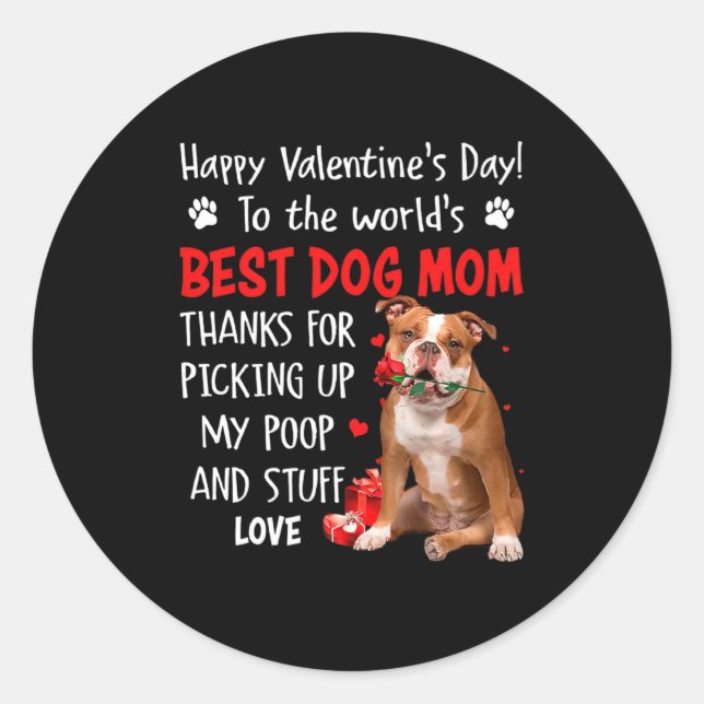 Adesivo Redondo Old English Bulldog Dog Mom Valentines Day Fu  (Frente)