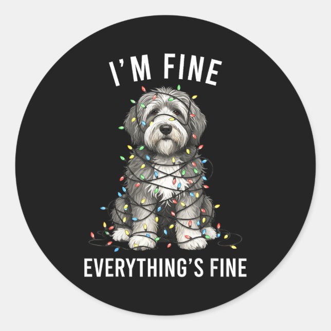 Adesivo Redondo Old English Sheepdog Christmas I'm Fine Everything (Frente)