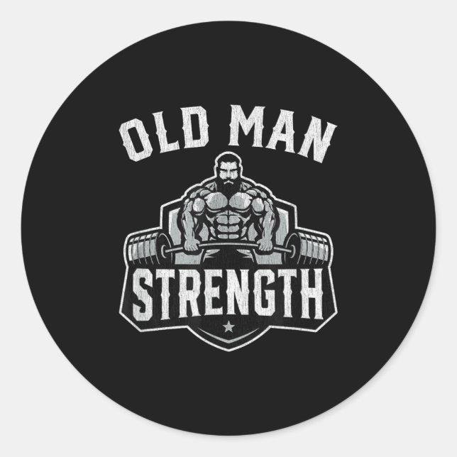 Adesivo Redondo Old Man Strength Funny Gym Motivation Workout Gift (Frente)