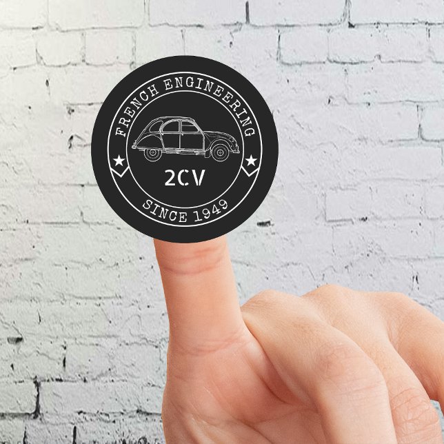 Adesivo Redondo Oldtimer 2CV Abzeichen Engineering Emblem (2CV Round Sticker in Black with a White Badge Text Design and and Illustration of the Deux Chevaux )
