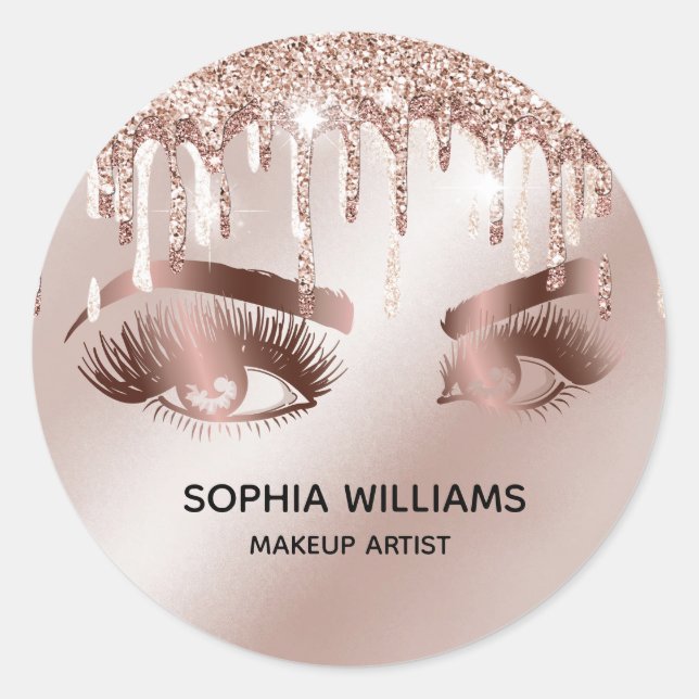 Adesivo Redondo olhais de maquiagem feminina rosa dourado pinga br (Frente)