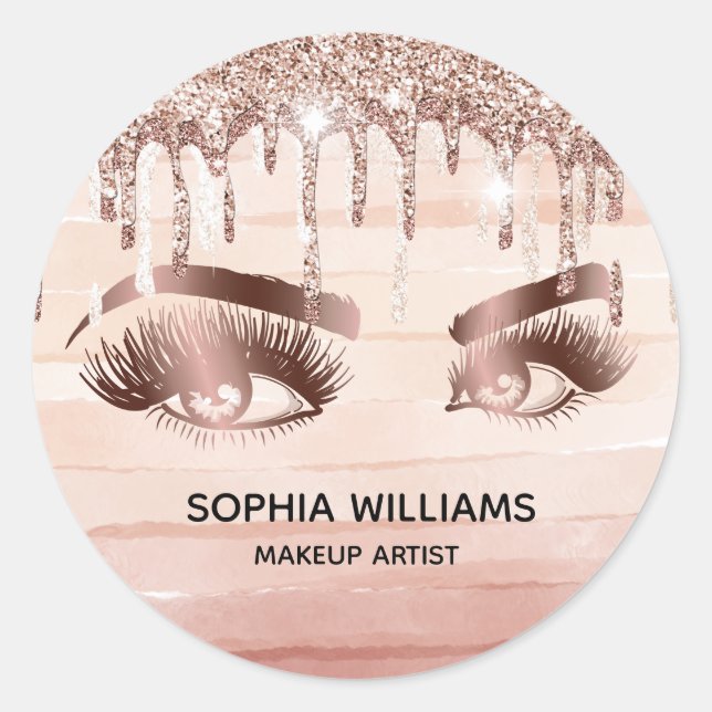 Adesivo Redondo olhais de maquiagem feminina rosa dourado pinga br (Frente)