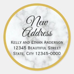 Adesivo Redondo Olhar Dourado e endereço novo de mármore branco 