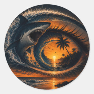 Adesivo Redondo Olho da Onda – Pôr do Sol Oceânico Surrealista do 