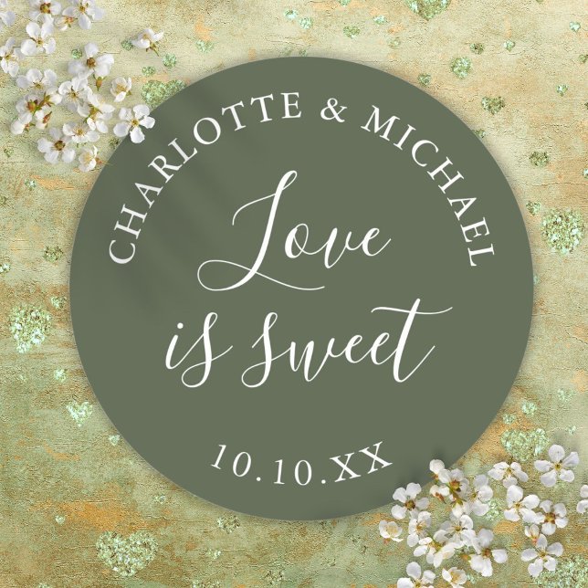 Adesivo Redondo Olive Green Love É Um Favor De Casamento Doce (Olive Green Love Is Sweet Wedding Favor Classic Round Sticker)