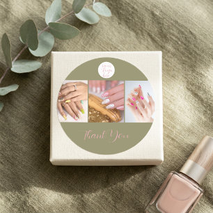 Adesivo Redondo Olive Green Pink Logo Foto Salão de Unhas Obrigado