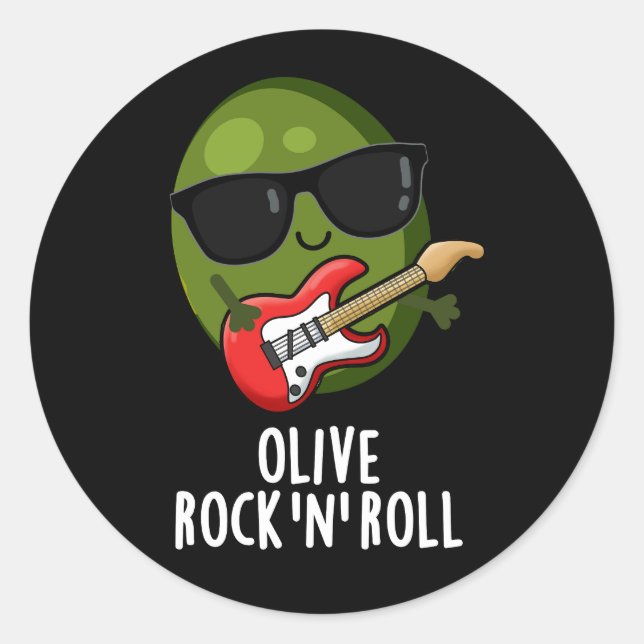 Adesivo Redondo Olive Rock E Roll Funny Rocker Olive Pun Dark BG (Frente)