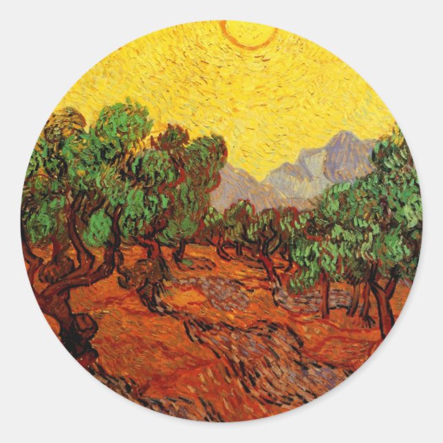 Adesivo Redondo Oliveiras de Van Gogh com Céu Amarelo e Sol (Frente)