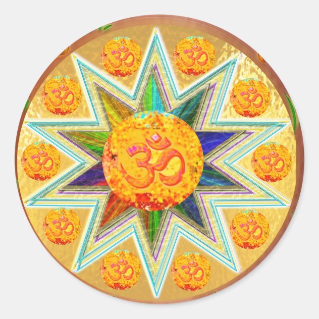 Adesivo Redondo OM Mantra : CHANT Loud GAYATRI, em Heart SAVITRI (Frente)