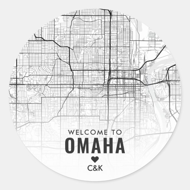 Adesivo Redondo Omaha, Mapa da Cidade de Nebraska | Boas-vindas (Frente)