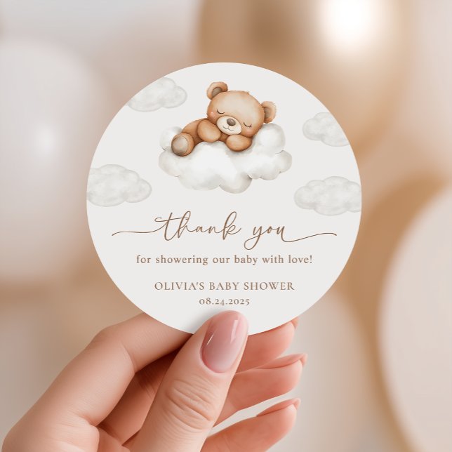 Adesivo Redondo On Cloud Nine Neutral Teddy Bear Baby Shower Favor (Criador carregado)