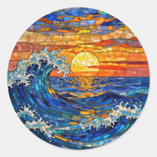 Adesivo Redondo Ondas Costeiras Oceânicas Pôr do Sol  