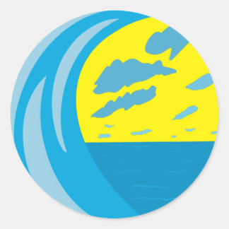 Adesivo Redondo Ondas de oceano azul nuvens de céu amarelo
