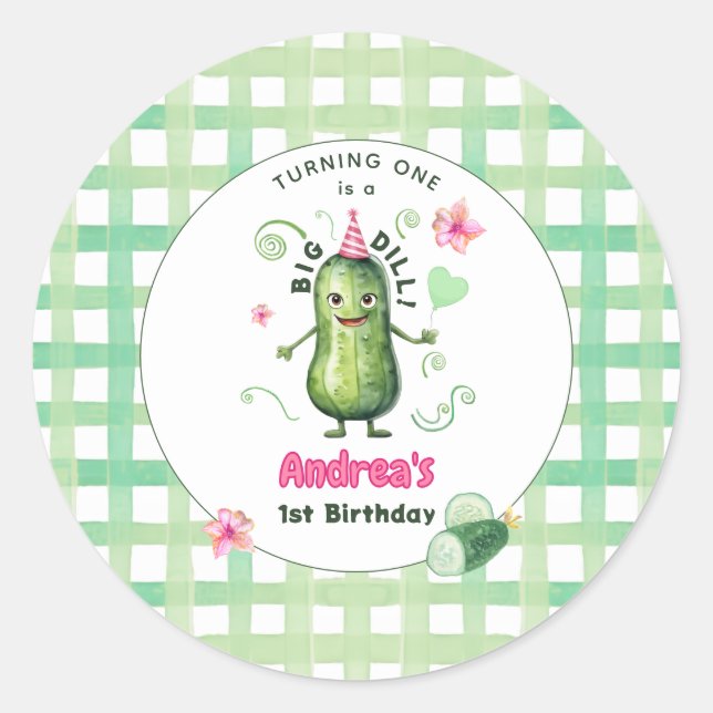 Adesivo Redondo One Big Dill Pickle First Birthday Pink (Frente)