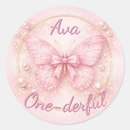 Adesivo Redondo One-derful Pink Butterfly 1st Birthday 