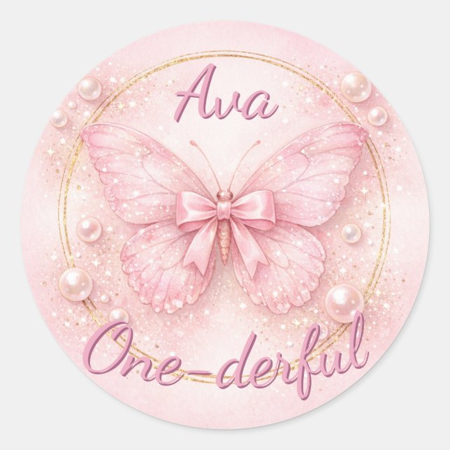Adesivo Redondo One-derful Pink Butterfly 1st Birthday  (Frente)