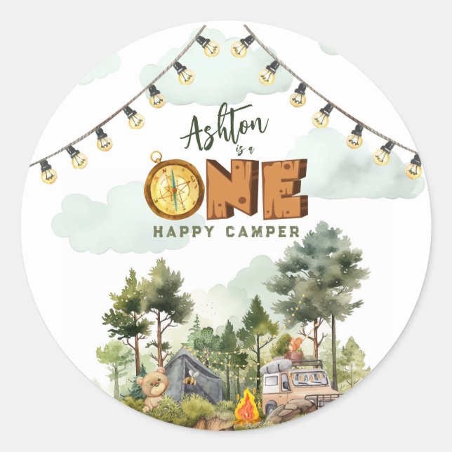 Adesivo Redondo One Happy Camper First Birthday  (Frente)
