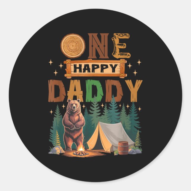 Adesivo Redondo One Happy Daddy Camper 1st Birthday Camng Bear  (Frente)