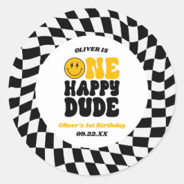Adesivo Redondo One Happy Dude Retro First 1st Birthday Party