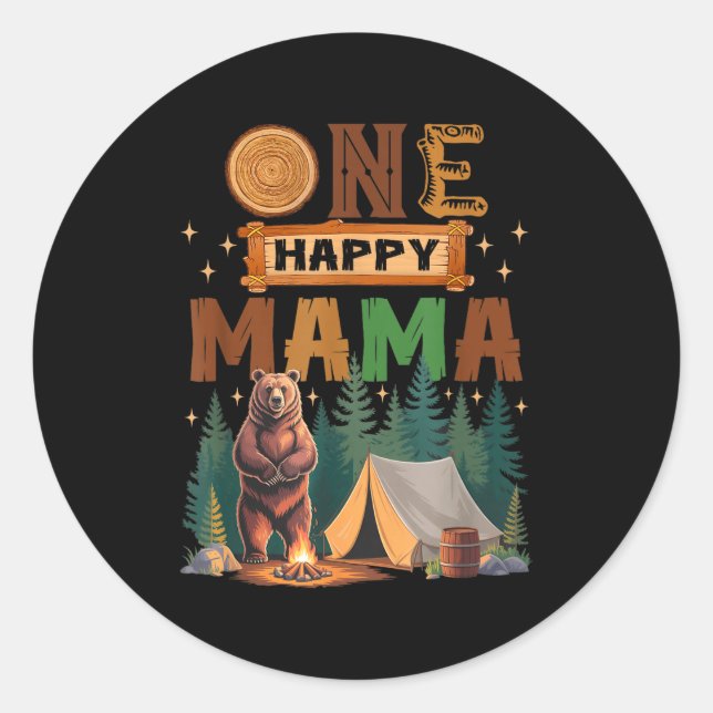 Adesivo Redondo One Happy Mama Camper 1st Birthday Camng Bear  (Frente)