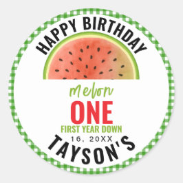 Adesivo Redondo One in a Melon glitter watermelon 1st birthday
