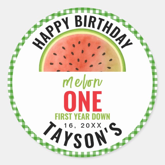 Adesivo Redondo One in a Melon glitter watermelon 1st birthday (Frente)