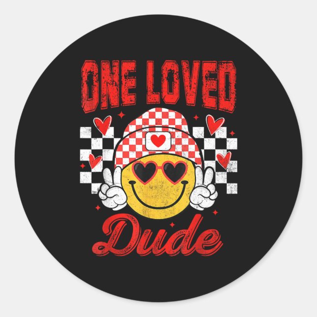 Adesivo Redondo One Loved Dude Checkered Heart Valentines Day Boys (Frente)