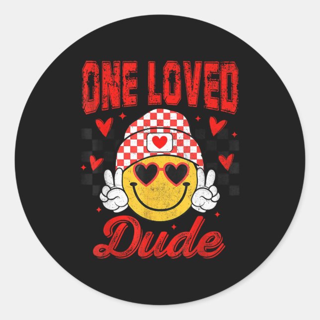 Adesivo Redondo One Loved Dude Checkered Heart Valentines Day Boys (Frente)