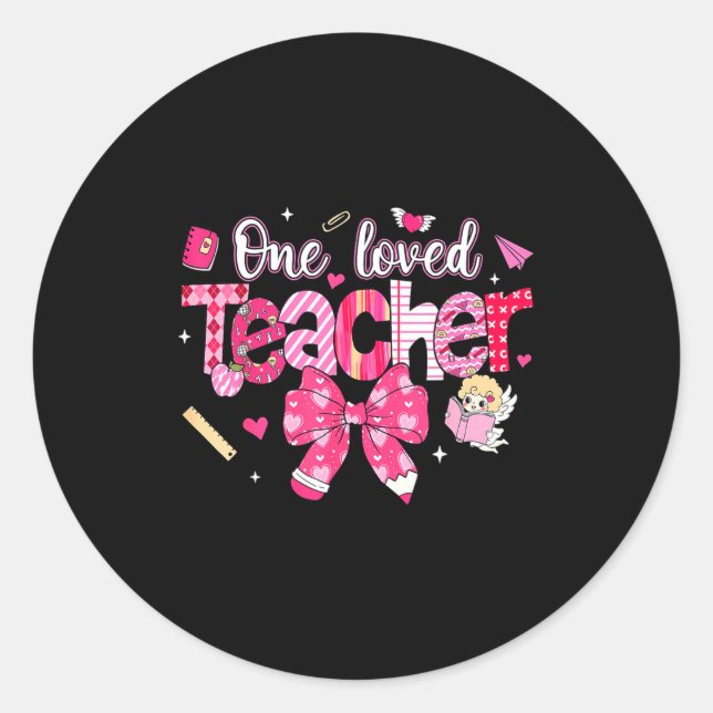 Adesivo Redondo One Loved Teacher Coquette Bow Pencil Valentine Gi (Frente)