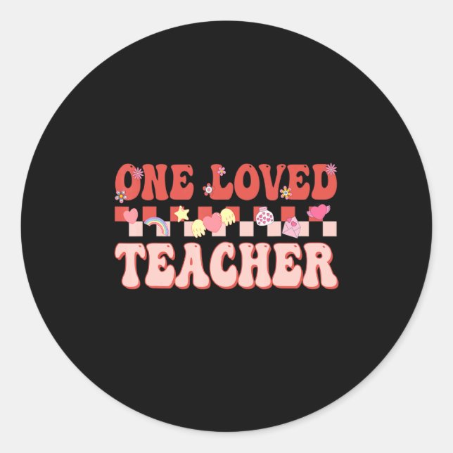 Adesivo Redondo One Loved Teacher Happy Valentines Day Retro Groov (Frente)