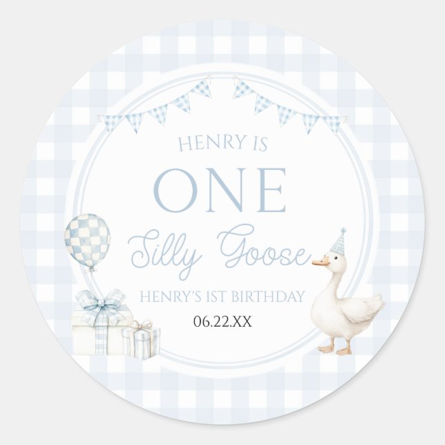 Adesivo Redondo ONE Silly Goose Blue 1st Birthday Party (Frente)