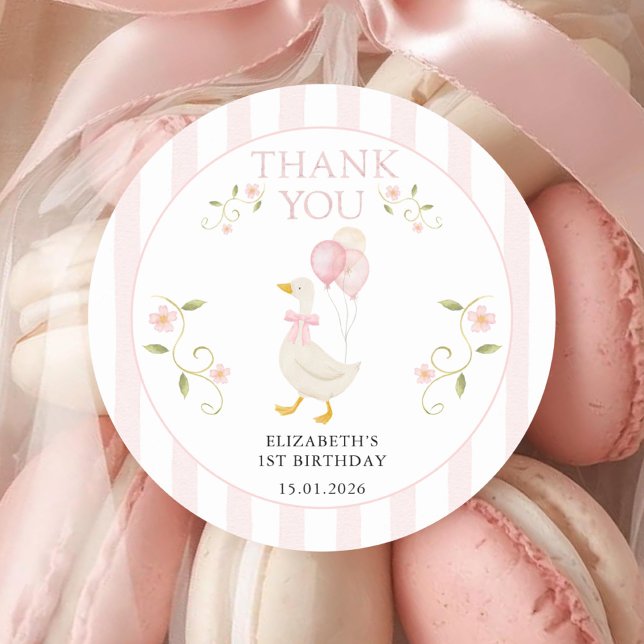 Adesivo Redondo One Silly Goose Girl 1st Birthday Pink Thank You (Criador carregado)