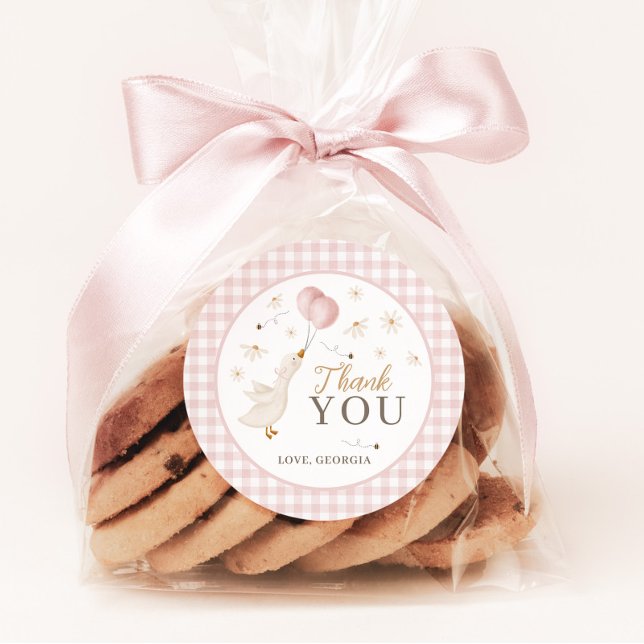 Adesivo Redondo One Silly Goose Girls 1st Birthday Pink Gingham (Favor Stickers for Girl's 1st Birthday Party Silly Goose Pink Theme )