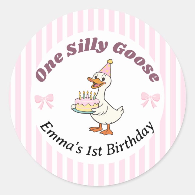Adesivo Redondo One Silly Goose Pink Bow 1st Birthday (Frente)