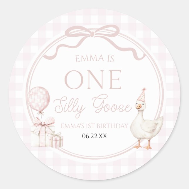 Adesivo Redondo ONE Silly Goose Pink Bow 1st Birthday Party (Frente)