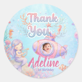 Adesivo Redondo ONEder the Sea Girl 1st Birthday Photo Thank You