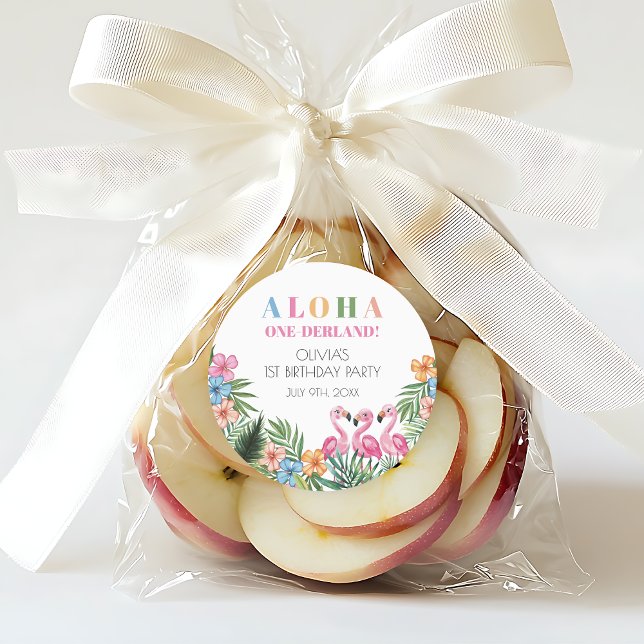 Adesivo Redondo Onederland Summer Tropical Flamingo primeiro anive (Onederland Summer Tropical Flamingo 1st Birthday Classic Round Sticker)