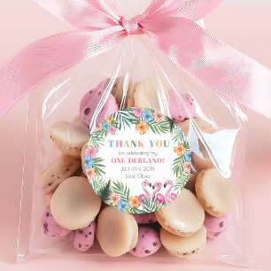 Adesivo Redondo Onederland Verão Tropical Flamingo 1º Aniversário