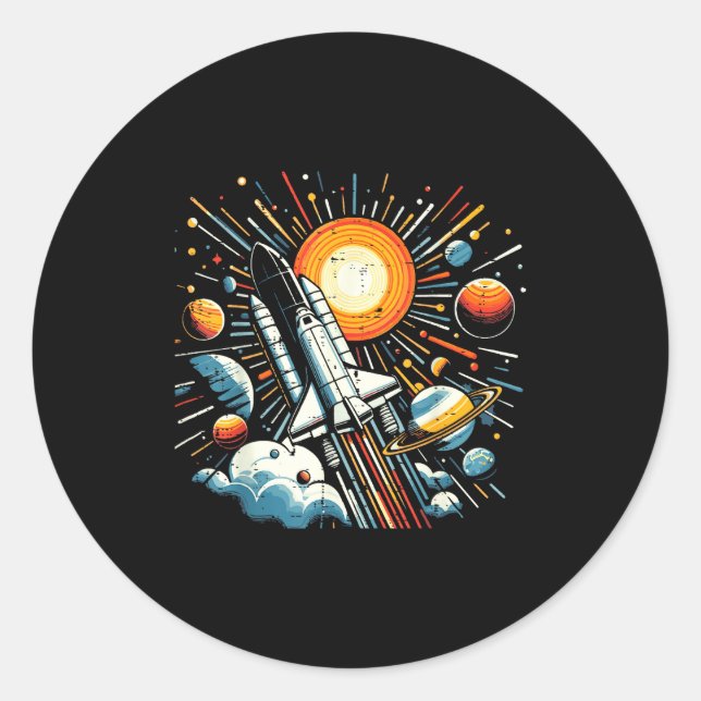 Adesivo Redondo Ônibus Espacial Sol Planetas Foguete Galáxia Menin (Frente)